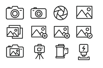 Photography line icon set. Camera, photo, and picture symbols. Vector collection for web and mobile UI design. Includes shutter, gallery, tripod, film, flash icons. Editable stroke.