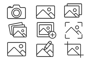 Photography and image icon set. Vector line art collection with camera, picture gallery, add photo, edit image, and crop tool symbols. Editable stroke for UI and web design.