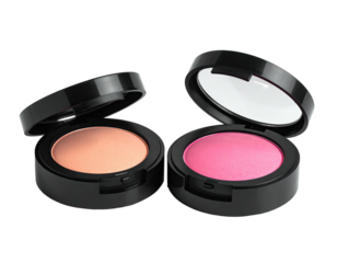Two round compact blush palettes, one peach and one pink, presented on a black background