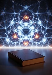 Book illuminated by the glow of intricate, interconnected network pattern backdrop