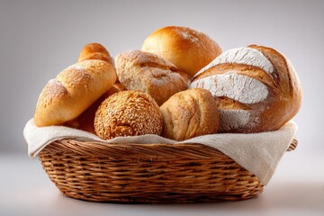 A wicker basket brimming with varied loaves and rolls, showcasing fresh-baked goods