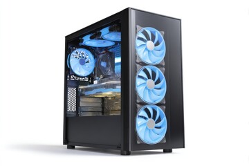 Modern computer tower showing components lit with blue lights on a white background