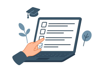 Online exam, e-learning concept. Hand choosing answer on laptop screen with checklist. Questionnaire form for education, survey or test. Distance learning. Graduation cap symbol.