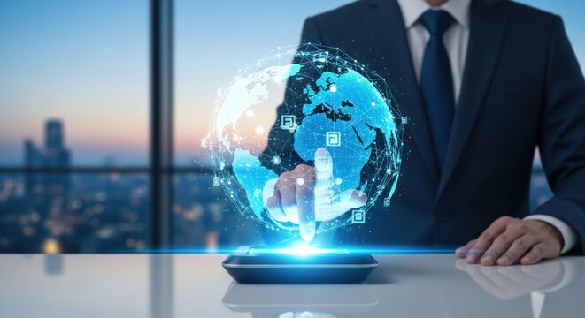 Businessperson in a suit interacts with a glowing digital globe projecting from a small device, showcasing global network connections and data transfer in a modern, futuristic business setting,...