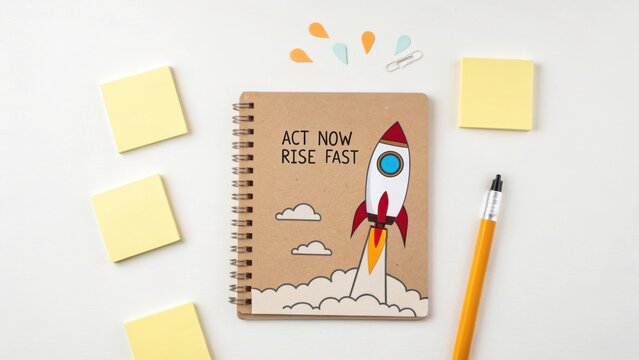 Creative Notebook with Rocket Drawing and Motivational Text for Quick Action and Inspiration on Workspace
