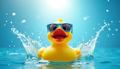 Yellow rubber duck wearing blue sunglasses splashing in water yellow duck
