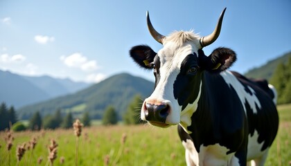 Black and white cow grazing in a green meadow dairy cow bovine