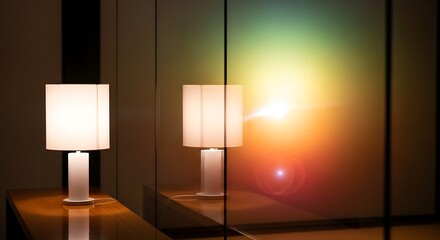 Elegant interior with modern lamp, serene illumination, colorful reflections