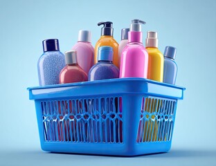 A blue basket overflows with various colorful bottles of beauty products against a pastel backdrop