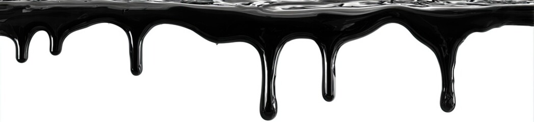 A graphic featuring flowing, thick, dark liquid drips against a white background