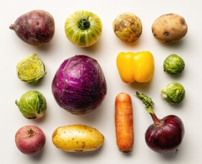 Assortment of various colorful fresh produce arranged on a white surface
