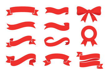 Ribbon vector icon set. Red banner shapes for gift and accessory. Christmas sticker, sale tag and decoration. Isolated label, badge and bow illustration for web and app design.