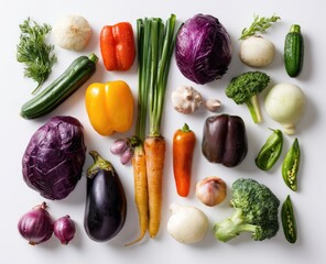 Assortment of vibrant, fresh vegetables neatly arranged on a clean, white surface