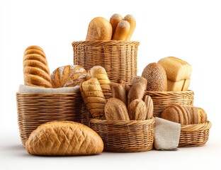 Assortment of golden-brown breads in wicker baskets, arranged against a white background