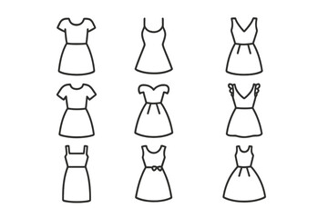 Dress line icon set. Collection of woman clothes symbols. Fashion outline pictogram for web design, apps, and infographics. Summer, casual, and party dresses line art.