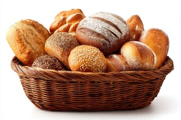 A wicker basket overflows with various baked bread, rolls, and loaves, golden brown and delicious