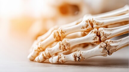 Detailed Close-Up of a Human Skeletal Hand Demonstrating Bone Structure and Anatomy in Warm Natural Light