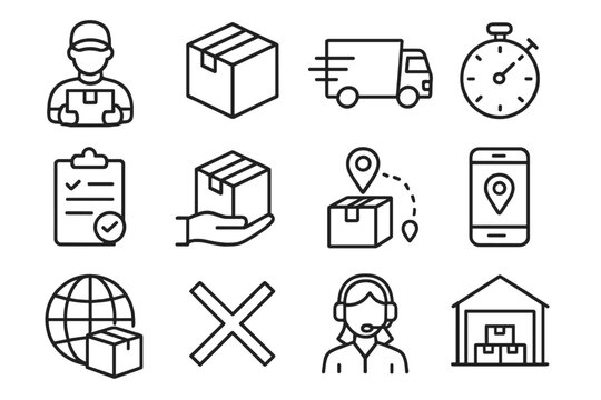 Delivery and logistics line icon set. E-commerce shipping, courier service, express delivery, order tracking, and transport symbols. Package, truck, support, and warehouse icons.