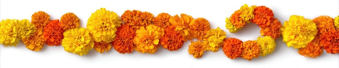 A vibrant garland of orange and yellow flowers arranged across a white background