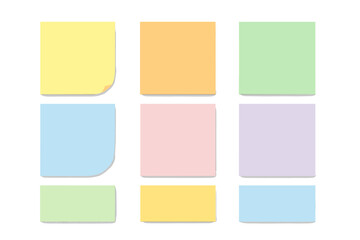 Set of colorful sticky notes. Blank post note paper stickers with curled corner. Office memo reminders collection. Realistic vector illustration with shadow. Design element mockup.