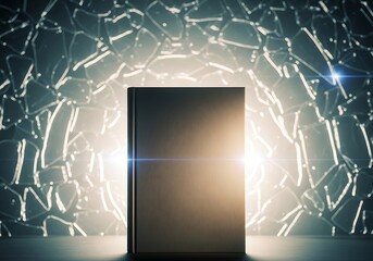 Mysterious book stands against a fractured background, bathed in light
