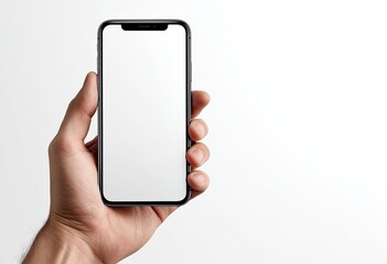 A hand holding a smartphone with a blank white screen, isolated against a white background