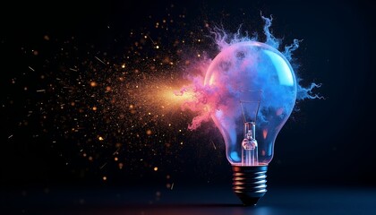 Exploding lightbulb with colorful smoke and sparks explosion energy