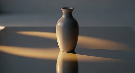 Minimalist vase casting soft shadows, illuminated by golden sunlight