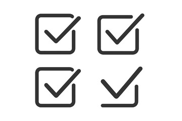 Vector check mark icon set. Tick in box. Checklist, survey, quiz element. Represents concepts like done, correct, approved, completed, confirmed, passed, and selected choice.