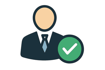 Verified user icon. Approved person. Account validation. Employee hiring. Profile authentication. Success check mark. Concept of recruitment. Business man with green tick.