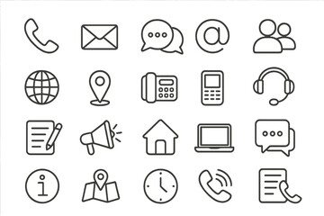 Contact us communication vector icon set. Customer service and support linear pictograms. Phone, email, chat, address, location. Editable stroke for web and mobile design.