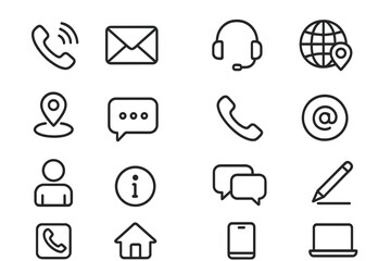 Contact us & communication outline icon set. Simple line art symbols for customer service & support. Phone, email, chat bubble, location pin, headset icons. Editable stroke vector.