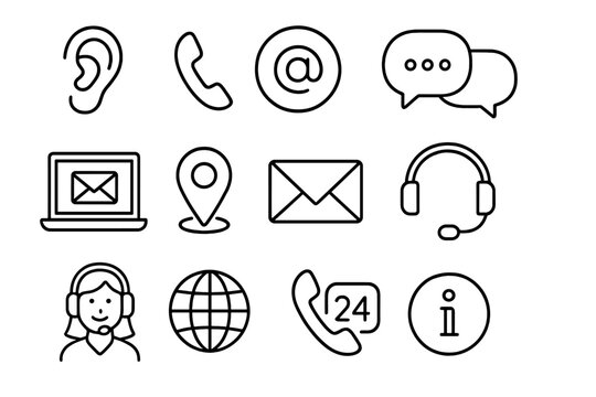Contact us & communication line icon collection. Customer service and support symbols. Phone, email, chat, helpdesk, operator, location, and 24-hour service vector icons.