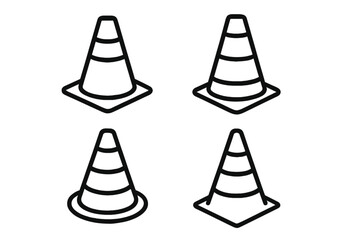 Traffic cone icon set. Road pylon collection for safety and warning. Under construction sign. Street barrier symbol for traffic control. Line art vector illustration for web and ui.