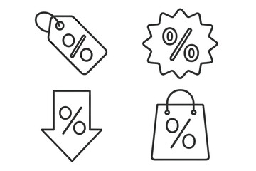 Sale discount outline icon set. Percent symbol vector collection for promotion. Price tag, shopping bag, special offer badge, price reduction arrow. Editable stroke for web, app.