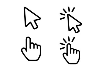 Cursor pointer icon set. Arrow and hand mouse symbols. Click and press action. Outline collection for UI, UX, website button, link, app interface and navigation design. Vector