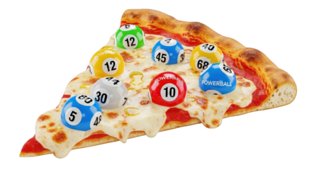 A slice of pizza with colorful bingo balls on top against a greenscreen background.