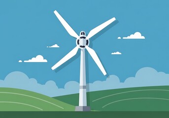 Stylized wind turbine illustration against a serene blue sky and rolling green hills backdrop