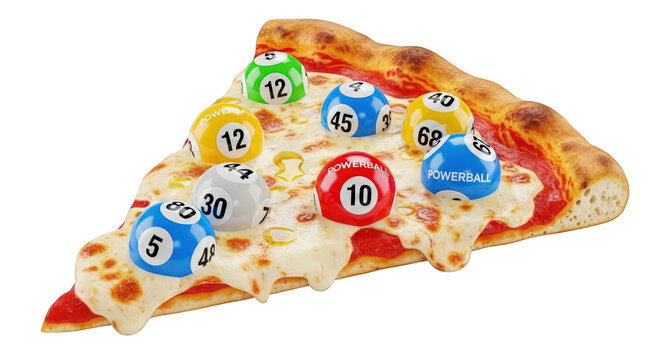 A slice of pizza with colorful bingo balls on top against a greenscreen background.