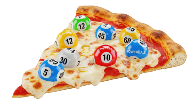 A slice of pizza with colorful bingo balls on top against a greenscreen background.