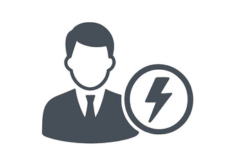 Power user icon, active user symbol. Businessman with energy, charge sign. Superuser, expert concept. Employee, manager avatar. Lightning bolt, flash. Vector for web, app, UI.
