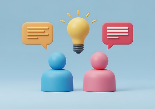 Creative Teamwork Collaboration Idea Generation with Lightbulb and Communication Balloons in 3D Rendering on Light Blue Background - Powered by Adobe