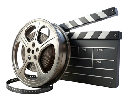 Movie reel and clapperboard. 3D rendering of classic film elements
