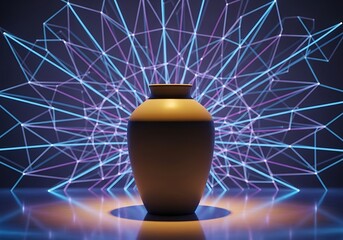 Vase stands gracefully, illuminated by a network of glowing geometric lines