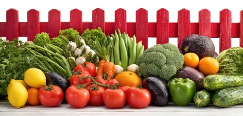 A vibrant array of fresh vegetables is arranged in front of a red picket fence