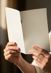 Woman's hands holding open a blank paper booklet, bathed in soft light offering creative possibility and open