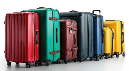 A row of colorful, various sized suitcases with handles and wheels ready for travel