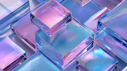 Abstract glass 3d background with crystal diagonal line pattern. Holographic transparent square cubes