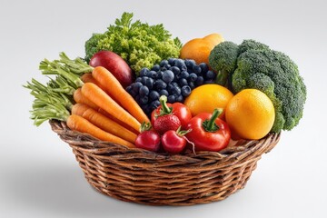 A woven basket overflowing with a colorful assortment of fresh fruits and vegetables