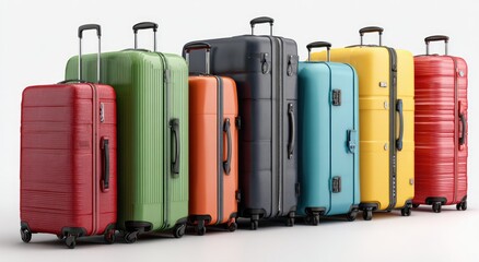 A line of diverse, colorful rolling suitcases ready for travel, arranged on a white backdrop
